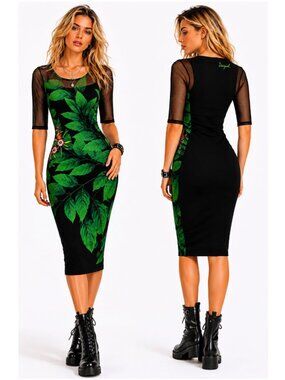 Desigual Black Green Leaf Print Midi Dress Sheer Sleeve Floral Detail S NWOT